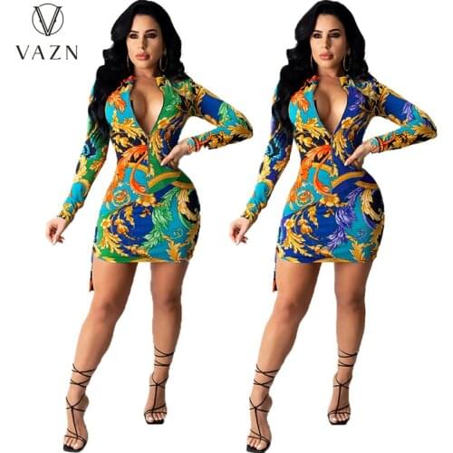 VAZN New 2021 Boho Full Sleeve Print Sexy Club Birthday Dress Evening Gown Women Elegant Fashion Female Dress Club Shinny Dress