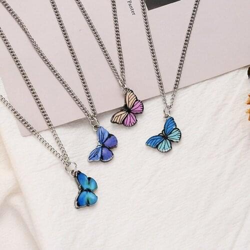 New Fashion Blue Purple Color Butterfly Pendant Necklaces For Women Trendy Beads Chian Clavicle Chian Fashion Jewelry