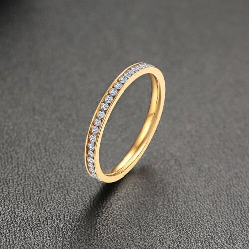 2mm Slim Bling CZ Stones Engagement Ring for Women Lady, Gold Tone Stainless Steel Wedding Bands Female Jewelry