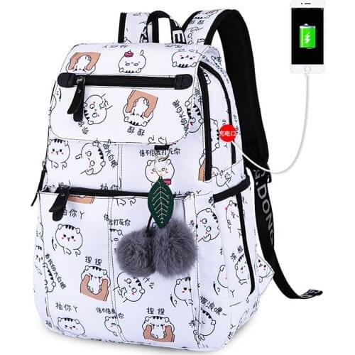 Hot Fur Ball Ornament Girls School Bags Women Laptop Bag Backpack USB Charging Children Backpacks Cartoon Printing School Bags