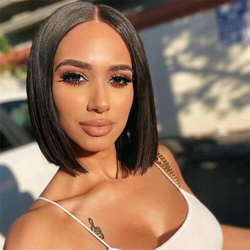 Straight Black Short Bob Synthetic Lace Front Wigs with Side Part for Women Glueless Heat Fiber Hair Realistic Daily Wear Wig