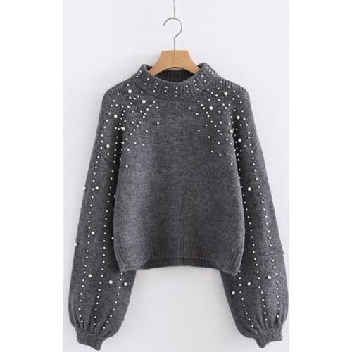 Female Autumn Winter Bead O Neck Puff Sleeve Short Pullover Knitted Sweater Women Pearl Long Sleeve Loose Gray Knitwear Tops