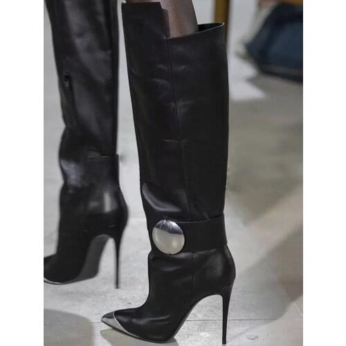 Metal Toe Thin High Heel Boots Knee High Matte Black Leather Stiletto Heel Top Quality Dress Winter Boots Women Solid Zip