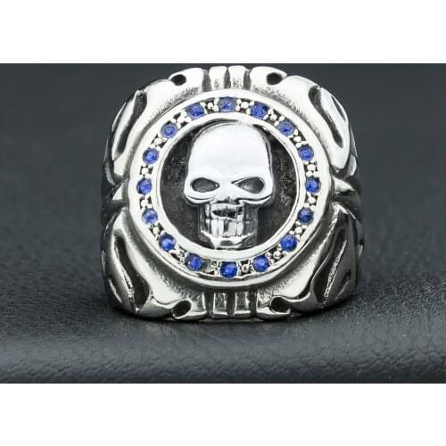 SECRET BOYS Fashion Domineering Men's Bands Vintage Blue Sapphire Ring Titanium Steel Skull Finger Ring Jewelry