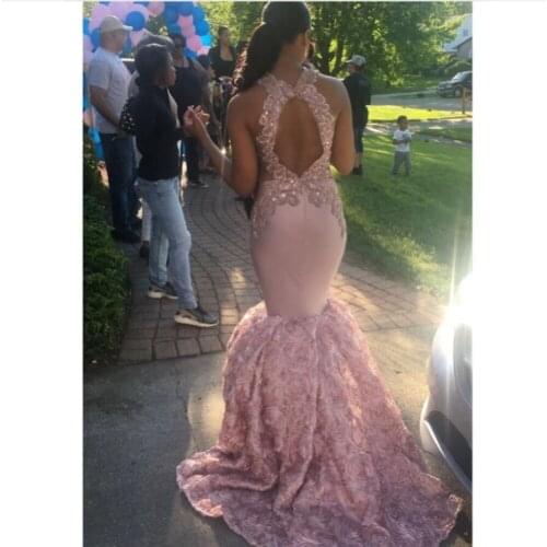 Sexy Black Girls Mermaid High Neck Dusty Pink Prom Dresses 2020 Cut-out Top Beaded Sequined Long Formal Evening Party Gowns