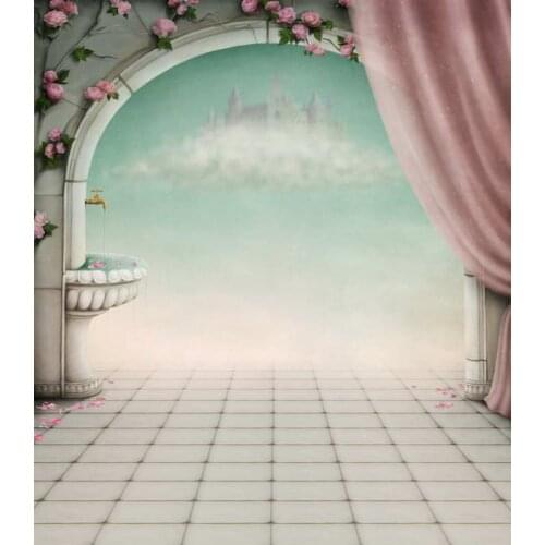 TR Fairy Princess Castle Backdrop Pink Curtain Flower Door Sky View Cartoon with Brick Floor Backdrop for Wedding Photo Backdrop