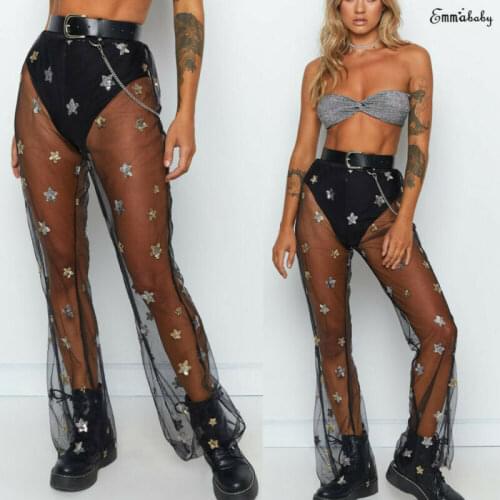 Women High Waist See Through Flared Leg Mesh Summer Beach Long Pants Cover Up Trouser Slim Fit Leggings Striped Clubwear