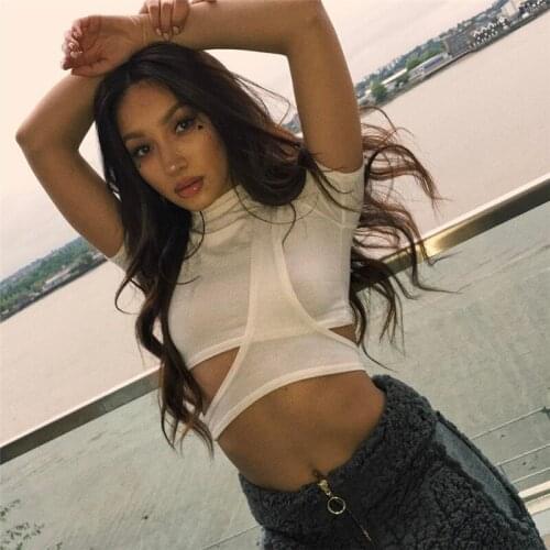 Women Sexy Patchwork Hollow Out Short T Shirts Summer Short Sleeve Solid Color Slim Club Fashion Casual Crop Tops Streetwear