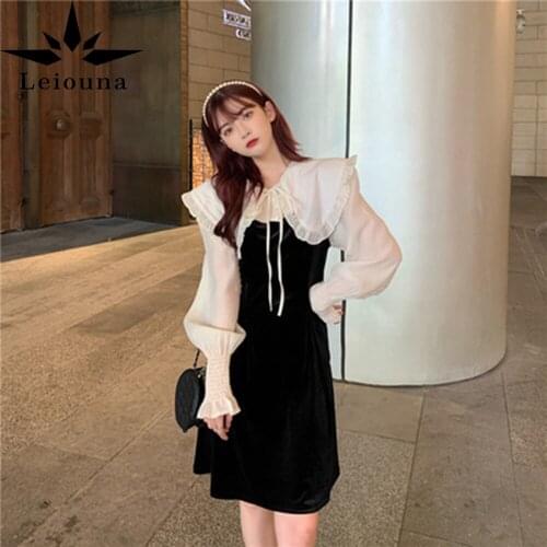 Leiouna Peter Pan Collar Early Spring Age Reduction Big Fat Sister Close Waist Tie Sweet Splicing Velvet Elastic Thin Dress