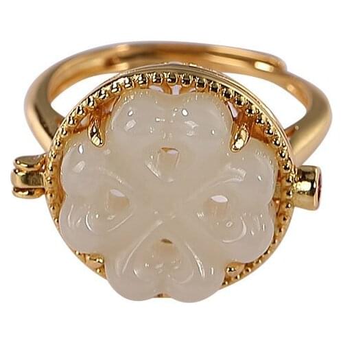 S925 sterling silver gold-plated natural Hetian jade personality hollow out four-leaf clover perfume bag womens ring rings