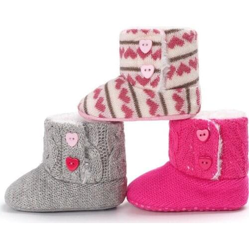 Newborn Toddler Baby Boy Girl Winter Warm Boots Solid Furry Shoes Heart Shape Button Soft Knitted Slippers 0-18M