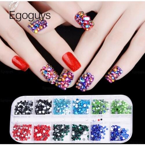 12 Grid Mixed Colors Nail Art Decorations FlatBack Rhinestones Clear Crystal AB Strass Jewelry Stones Gems DIY Manicure Decals