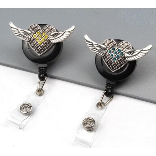 20pcs/lot New Fashion Rhinestone Vintage Color Angel Wing Retractable ID Badge Holder Reel For Gift/Party