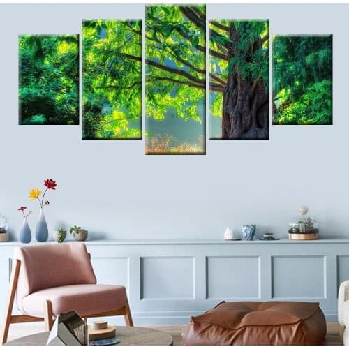 Green Tree Art Landscape Landscape Painting Poster Modular Canvas HD Print Home Decoration Wall Art Picture 5 Pieces