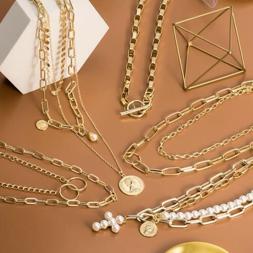 Fashion Chain Pearl Necklace For Women Baroque Pearl Metal Charm Pendants Necklaces Choker Snake Chain Jewelry Gold Silver Color