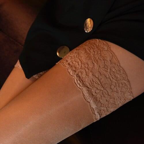 Plus Size Women Sexy Transparent Silk Stockings Retro Oil Shiny Lace Top Silicone Stay Up Thigh High Stockings Long Hosiery