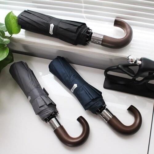 Wood Curved Hook Sun Protection Windproof Automatic Three Folding Sun Umbrella for Men and Women SunUmbrella UV Protection Vinyl