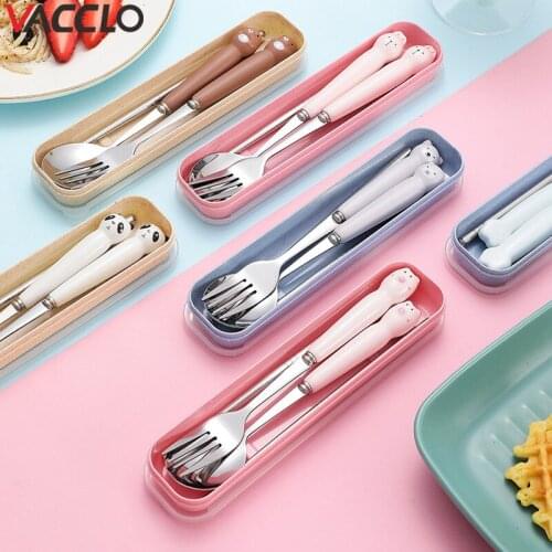 Vacclo 3pcs/set Portable Childrens Fork Spoon With Box Creative Cartoon Spoon Fork Stainless Steel Student Tableware Chopsticks