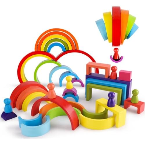Kids Montessori Educational Wooden Toys Rainbow Wooden Toys Semicircle Building Blocks Rectangular Board House Christmas Gift