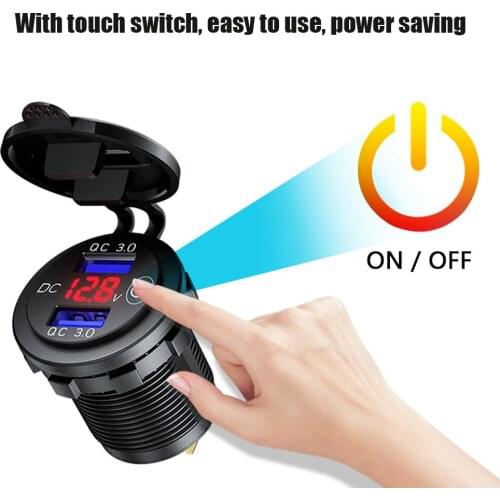 Dual QC 3.0 USB Charger Socket Quick Charge 3.0 USB Power Outlet with Voltmeter + Touch Switch for Car Boat Marine Motorcycle