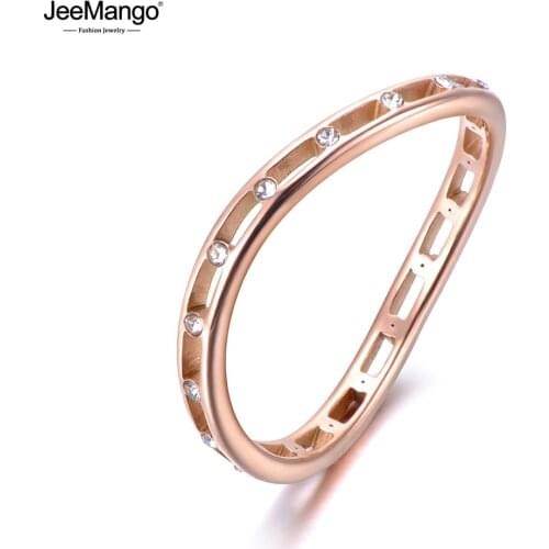 JeeMango Fashion Tension Setting CZ Crystal Anniversary Rings Jewelry For Women Rose Gold Stainless Steel Curved Ring JR19018