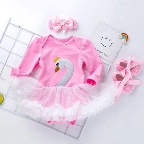 Newborn Baby Long Sleeve Cartoon Swan Mesh Tutu Bodysuits Princess Party Jumpsuits + Headband + First Walker 3Pcs Clothes