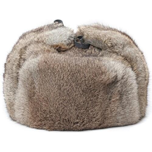 Rabbit Fur Cap Man Winter Genuine Fur Bomber Hat Windproof Warm Earmuffs Male Flat Lei Feng Hat Grey/Black Russian Hats
