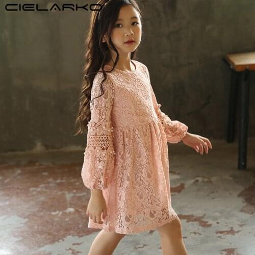 Cielarko Long Sleeve Girls Lace Dress Flower Birthday Party Dresses Vintage Princess Children Frock Autumn Clothes for 4-8 Years