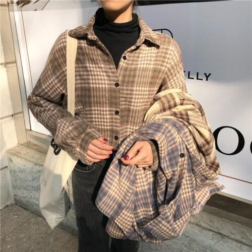 Fashion Casual Blouse Women 2021 Spring Thick Woolen Jacket Vintage Plaid Shirt Long Sleeve Turn Down Collar Korean Loose Coat