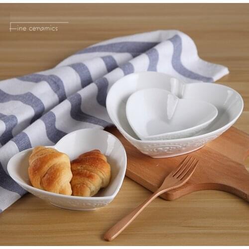 3pcs set, white embossed porcelain soup bowl set, wedding heart-shape dessert bowls, kitchen baking bowl, bowl decorative party