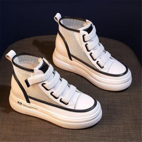 New ladies sneakers fashion leather mesh stitching lace-up high-top thick-soled non-slip lightweight casual shoes women