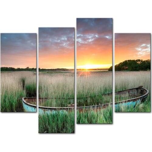 Framed 4 Panels/Set setting sun boat series HD Canvas Print Painting Artwork Gift Wall Art Picture.decorative painting/XJ-12Y-75