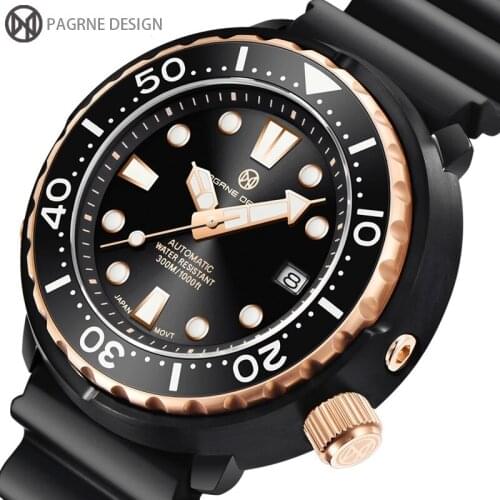 PAGRNE DESIGN Diver Mens Automatic Watch 300M Waterproof Sports Stainless Steel Watch Sapphire Glass 300M Waterproof Mechanical