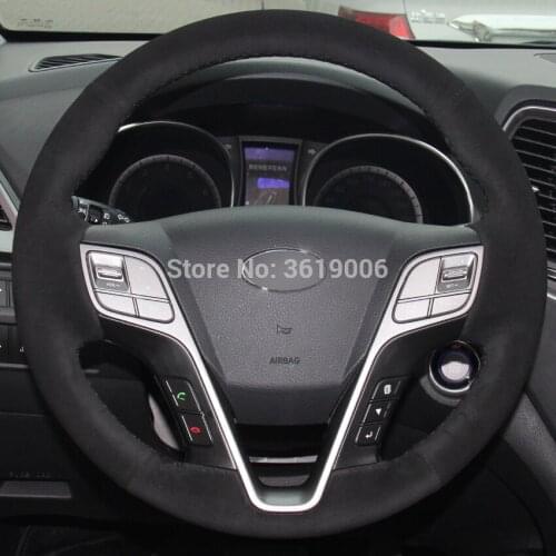 Hand Sewing Black Suede Car Steering Wheel Cover for Hyundai Santa Fe 2013-2015 Hyundai ix45