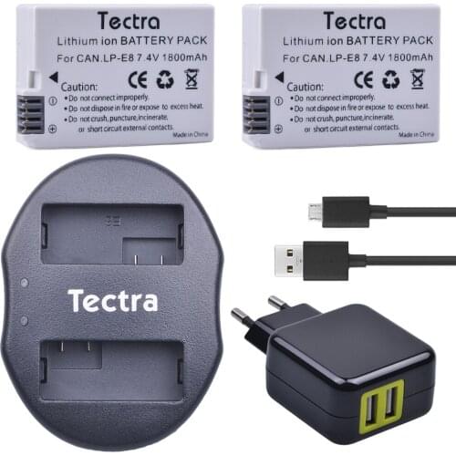 Tectra 2Pcs LP-E8 LPE8 LP E8 Li-ion Bateria +USB Dual Charger + AC Adapter for Canon EOS 550D 600D 650D 700D Rebel X4 X5 X6i X7