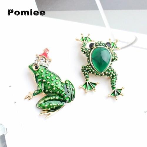 Pomlee 2021 New Crystal Crown Frog Brooches for Women Green Color Enamel Animal Brooch Pins Luxury Vintage Jewelry Accessories
