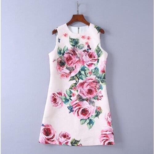 European and American womens wear The new summer The rose printing jacquard Applique nail-bead dress