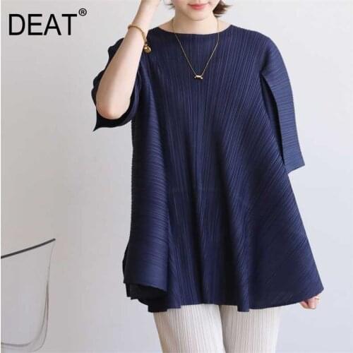 DEAT Pleated T-shirt Women Pullover Irregular Back Lacing Loose Casual Style Tee Mid Sleeve Over Size 2021 New Summer Tide XQ375