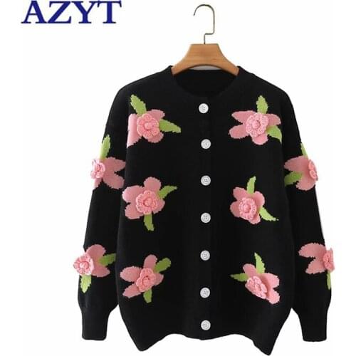 AZYT 2021 New 3D Flowers Decoration Sweater Female Cardigan Autumn Winter Loose Knitted Cardigan Pull Femme Casual Knitwear