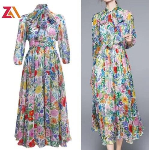 ZALady 2021 summer women fashion runway high waist midi-long dress with floral pattern zevity traf bow party festival clothing