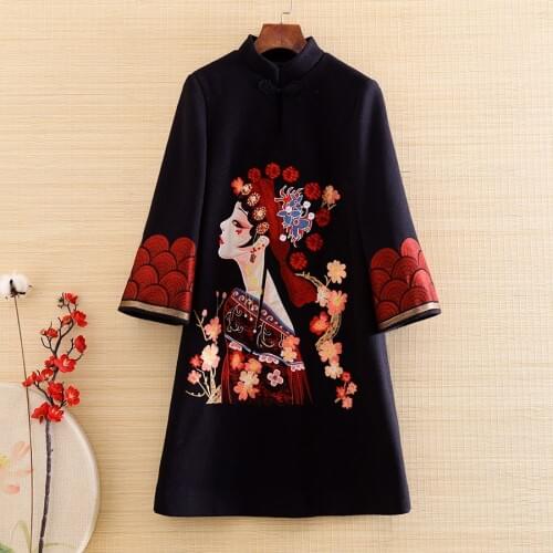 Autumn Winter Retro Women Flowers Wool Dress Vintage Embroidery Chinese Style Elegant Lady Plus Size Loose Thick Qipao Dress 3XL