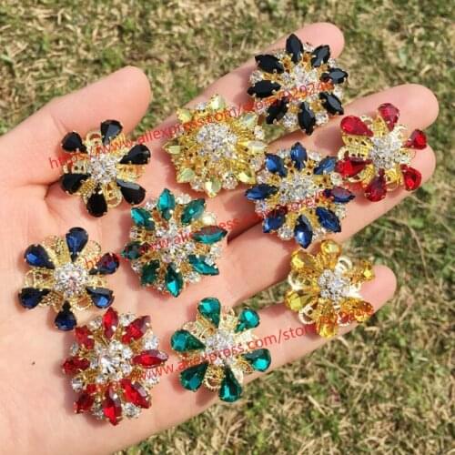 1pc/lot 28mm big glass rhinestone button for coat gold metal flower button yellow black crystal decorative button shoes strass