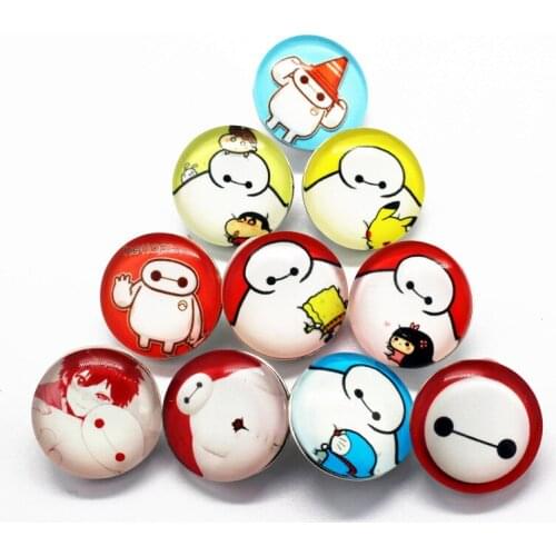 Hot selling 10pcs/lot Big Hero Glass Snap Buttons Lovely Cartoon Snap Button Animal Fit 18mm DIY Snap Bracelet Jewelry
