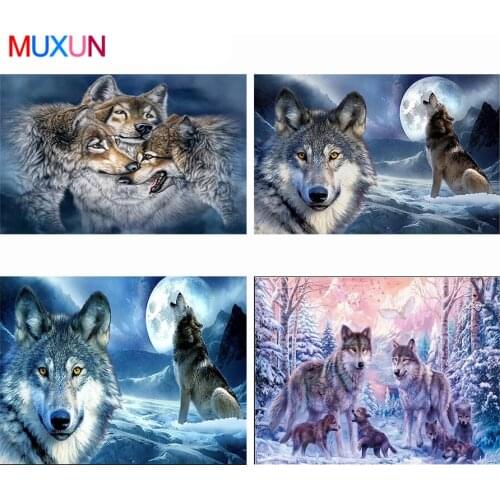 Muxun 5D Diamond Painting Full Square Animal Diamond Embroidery Rhinestone Picture Diamond Mosaic Moon Wolf Home Decoration Lx75
