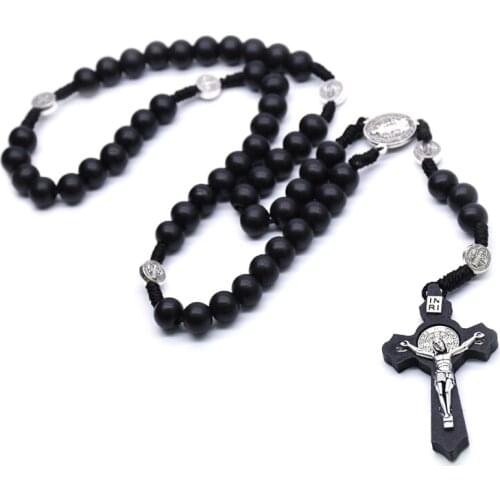 Black Wooden Cross Religious Necklace Catholic Rosary Necklace Church Souvenirs H58C