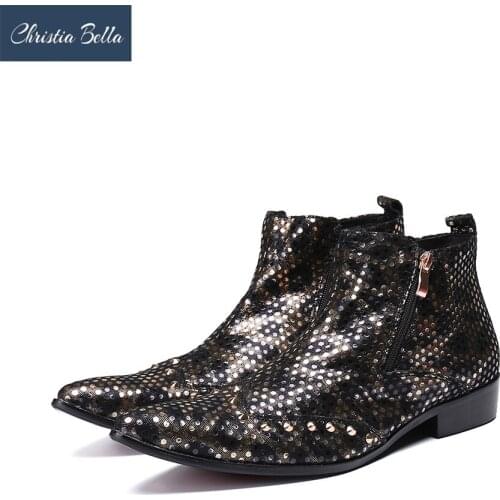 Christia Bella Autumn Winter Sequins Men Shoes Genuine Leather Boots New Fashion Pointed Toe Boots Plus Size Zipper Ankle Boots