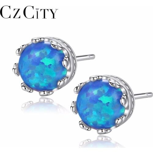 CZCITY 925 Sterling Silver Round Fire Opal Stud Earrings Elegant Blue Opal Hamsa Earing Studs Jewelry for Women Orecchini SE0244