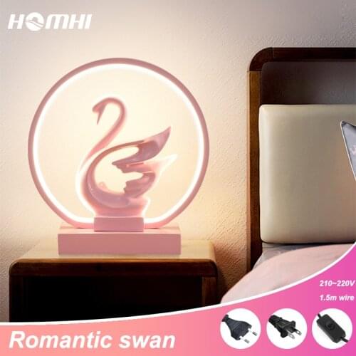 Romantic Swan Wedding Table Lamp Bedside Round Pink Abajur Lampara De Mesa Living Room Mesita De Noche Home Deco Criado Mudo