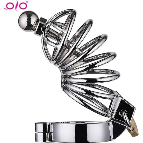 OLO Male Stainless Steel Cock Cage Penis Ring Chastity Device Catheter Cock Cage with Stealth New Lock Adult Belt Sex Toy