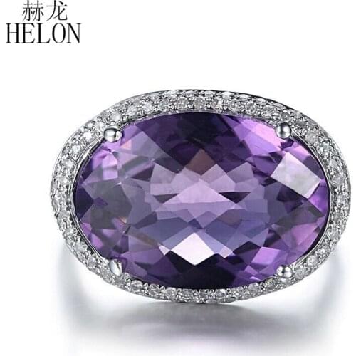 HELON Sterling Silver 925 Flawless Oval Cut 17x12mm Natural Amethyst Diamonds Women Trendy Party Jewelry Engagement Wedding Ring